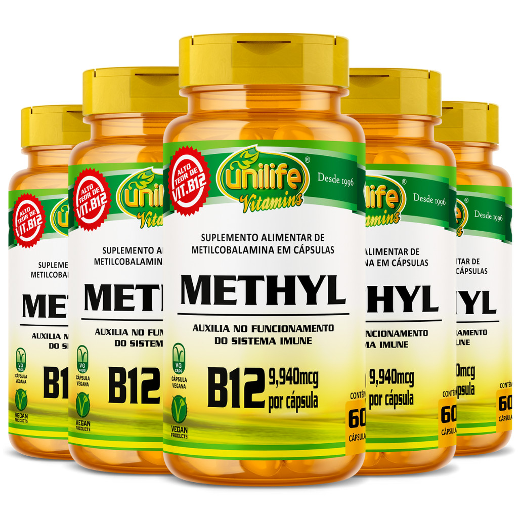 Kit C/5 Vitamina B12 Metilcobalamina 60 Caps Vegano Unilife