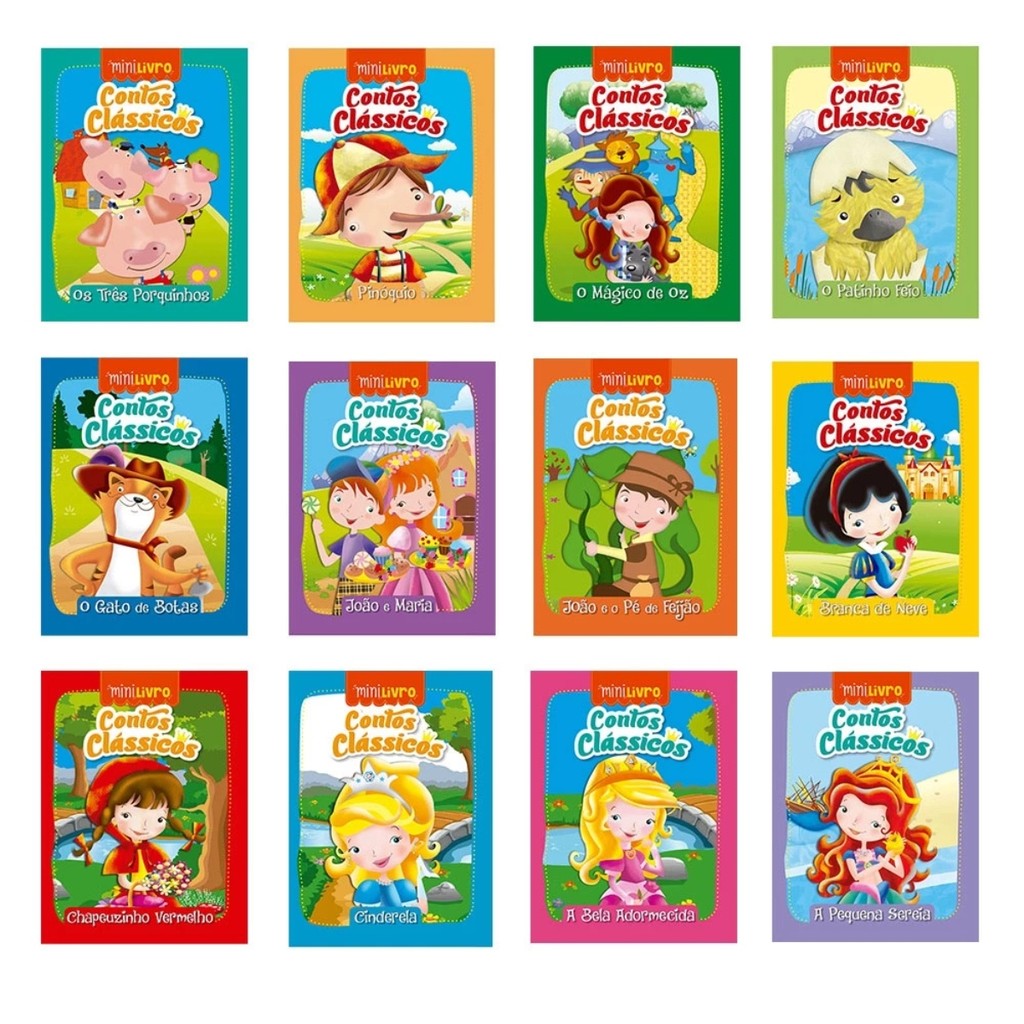 Kit 12 Minilivros de Contos Clássicos Infantil - Bela adormecida Fera Pinóquio Mini Livros