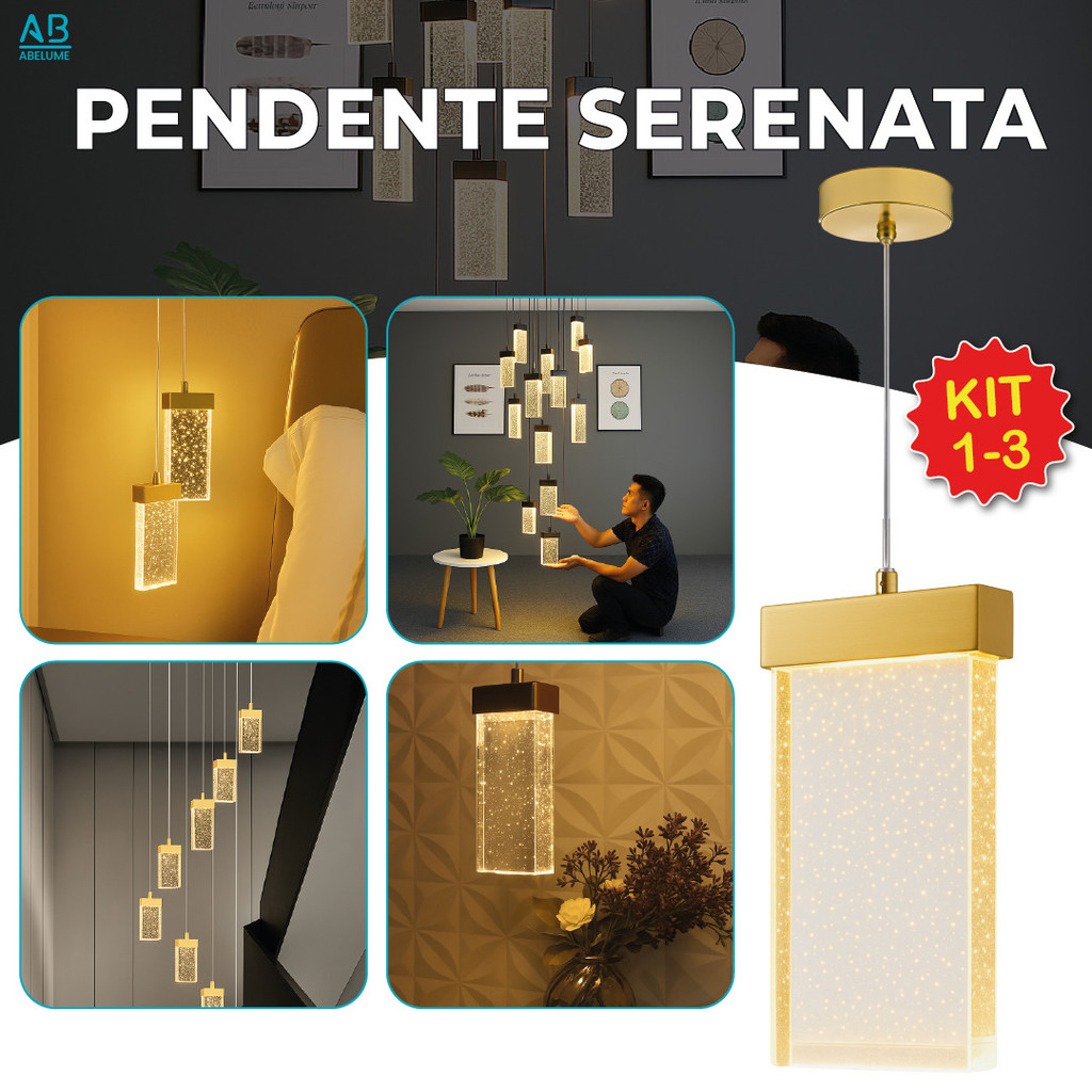 Luminária Lustre Pendente de Cristal Led Retangular Dourado de Luxo 3 Tons de Luz Bivolt