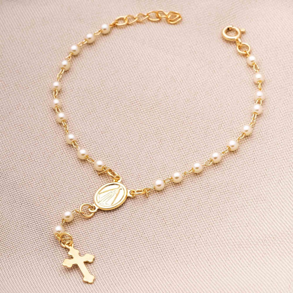 Pulseira Religiosa Terço Pérola Feminina Banhado Ouro 18K em Oferta na Shopee