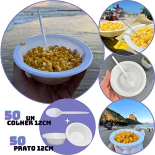 Kit 50 Prato Descartável Fundo Branco Cumbuca 12cm + Colher 50 unPetisco Festa Bolo Aniversario em Oferta na Shopee