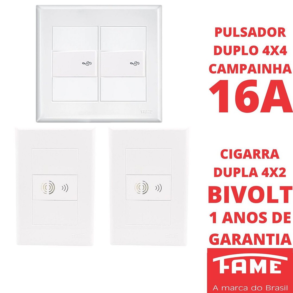 Campainha Cigarra Bivolt 4x2 Dupla Interruptor Pulsador 2 Teclas 4x4 Com Placa Evidence FAME