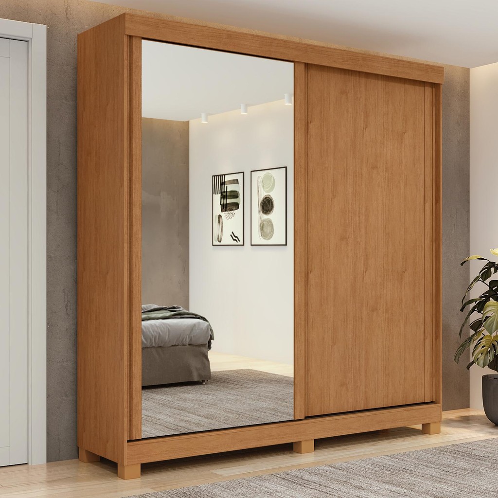 Guarda-Roupa 2 Portas de Correr 2 Gavetas Easy Light com Espelho e Pés Amendoa Clean/off White/Amen em Oferta na Shopee