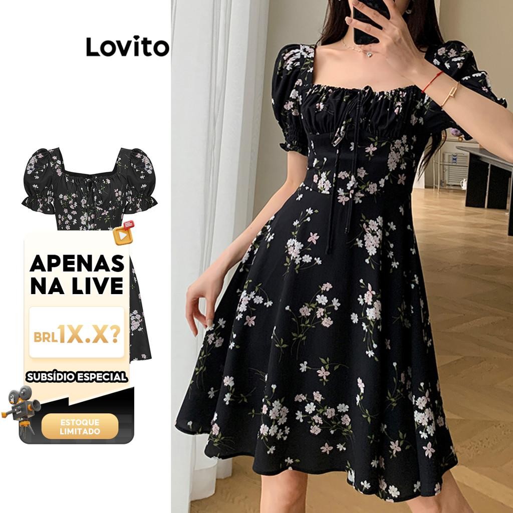 (KOL‘s pick) Lovito Casual Vestido Feminino Floral Amarrado L68ED190 (Preto) - Women Clothes