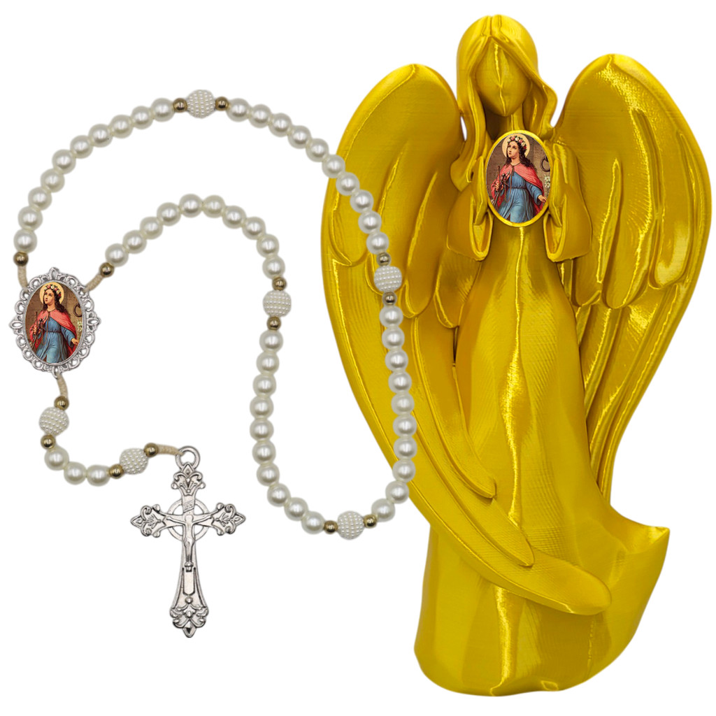 Terço com Estatua Santa Filomena Imagem Relicario Cor Ouro de Luxo Decoração Casa Cantinho Oração