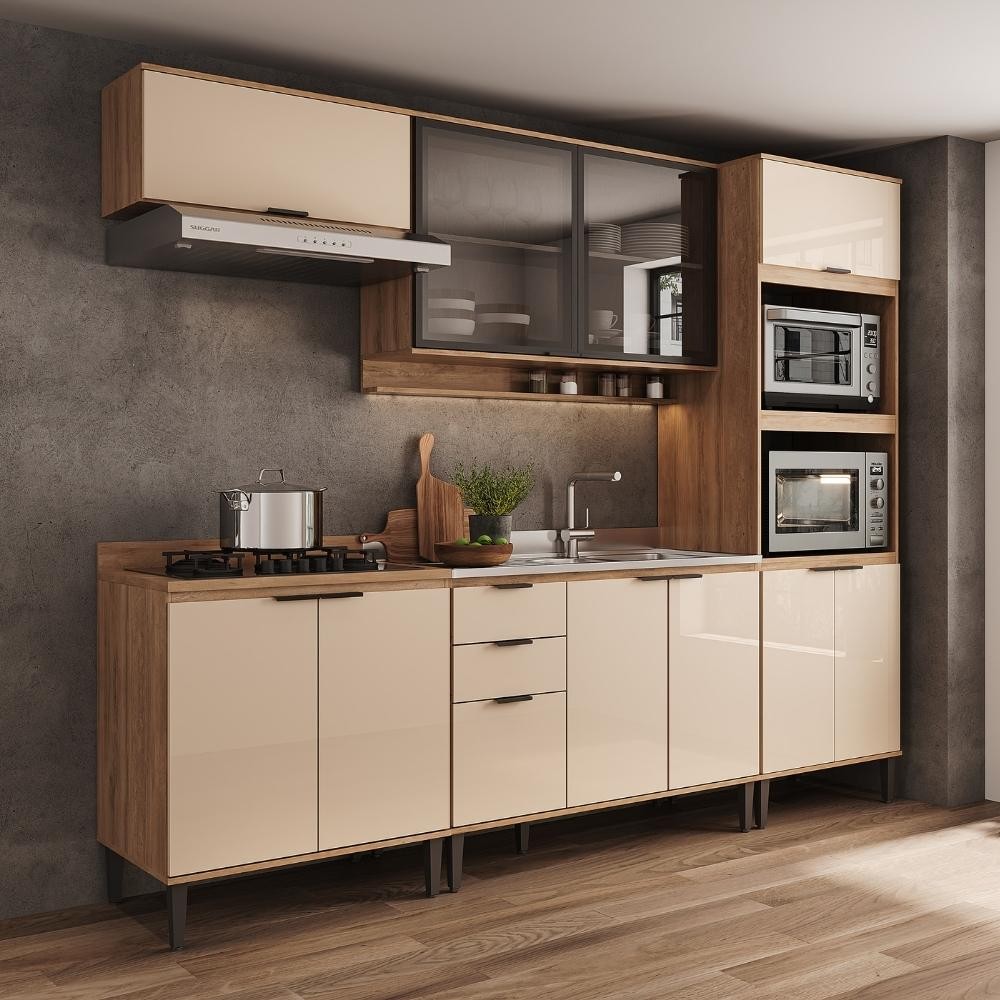 Armário de Cozinha Completa c Balcão Miami Studio Carraro Off White c Freijó em Oferta na Shopee