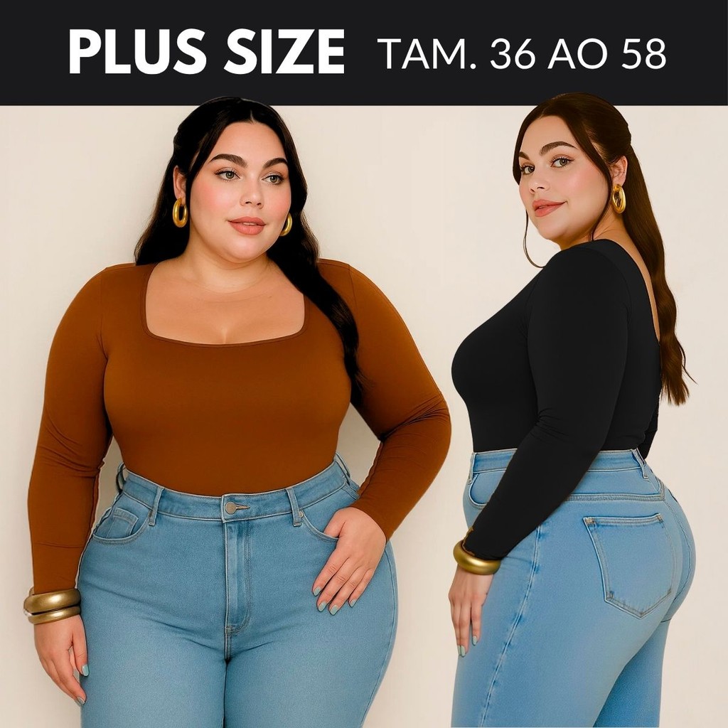 Body Manga Longa Plus Size Decote Quadrado Body Feminino Body Preto Body Marrom Suplex em Oferta na Shopee