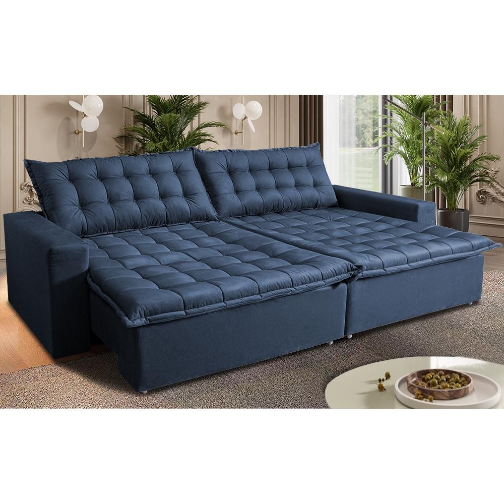 Sofá Sem Caixa Retrátil Reclinável 2,75m Cama inBox França Velusoft Azul em Oferta na Shopee