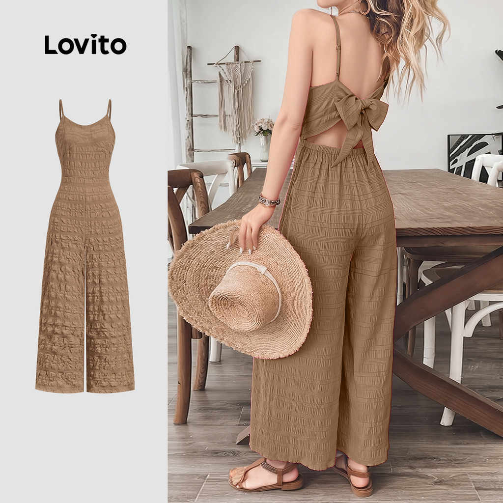 Lovito Macacão Boho Liso Plissado Com Laço Nas Costas Primavera/Verão Cáqui Para Mulheres L134ED951 - Women Clothes