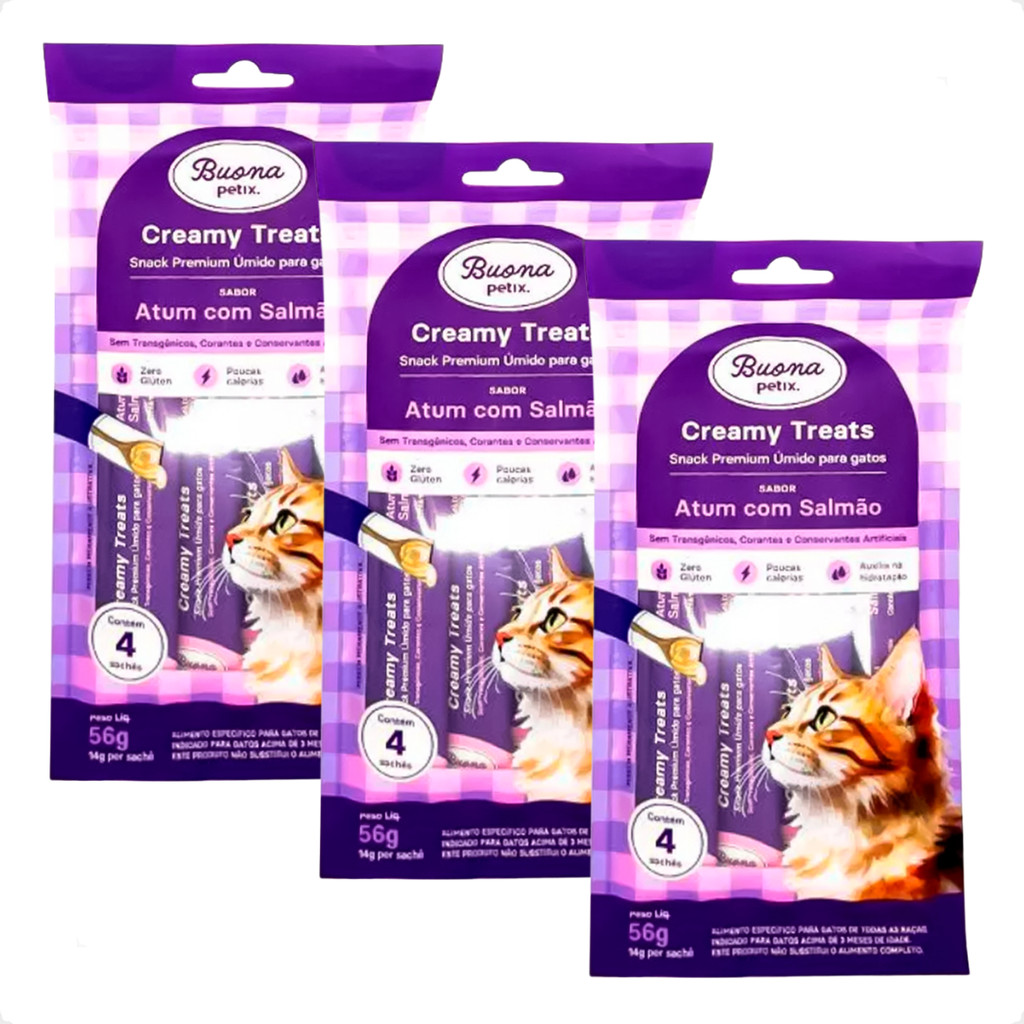 Kit 3 Sachê Atum E Salmão - 56g Para Gatos Buona Petix Creamy