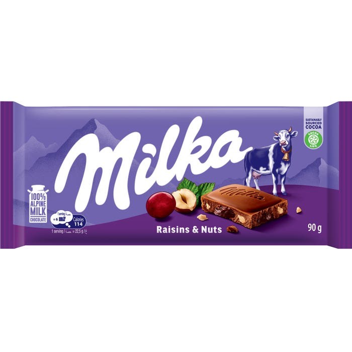 CHOCOLATE MILKA RAISINS & NUTS 90G em Oferta na Shopee