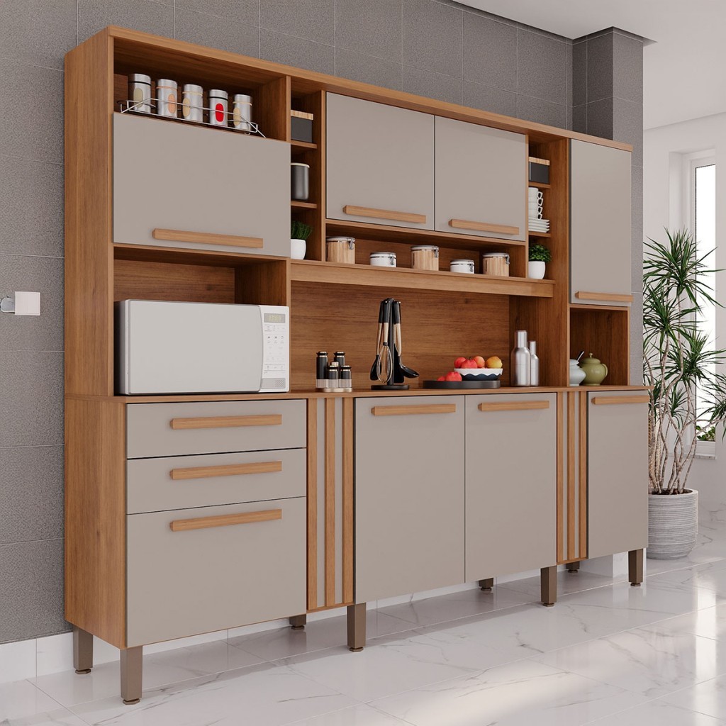 Armário de Cozinha Safira 8 Portas 2 Gavetas Ripado Cinamomo/Preto  - Pnr Móveis