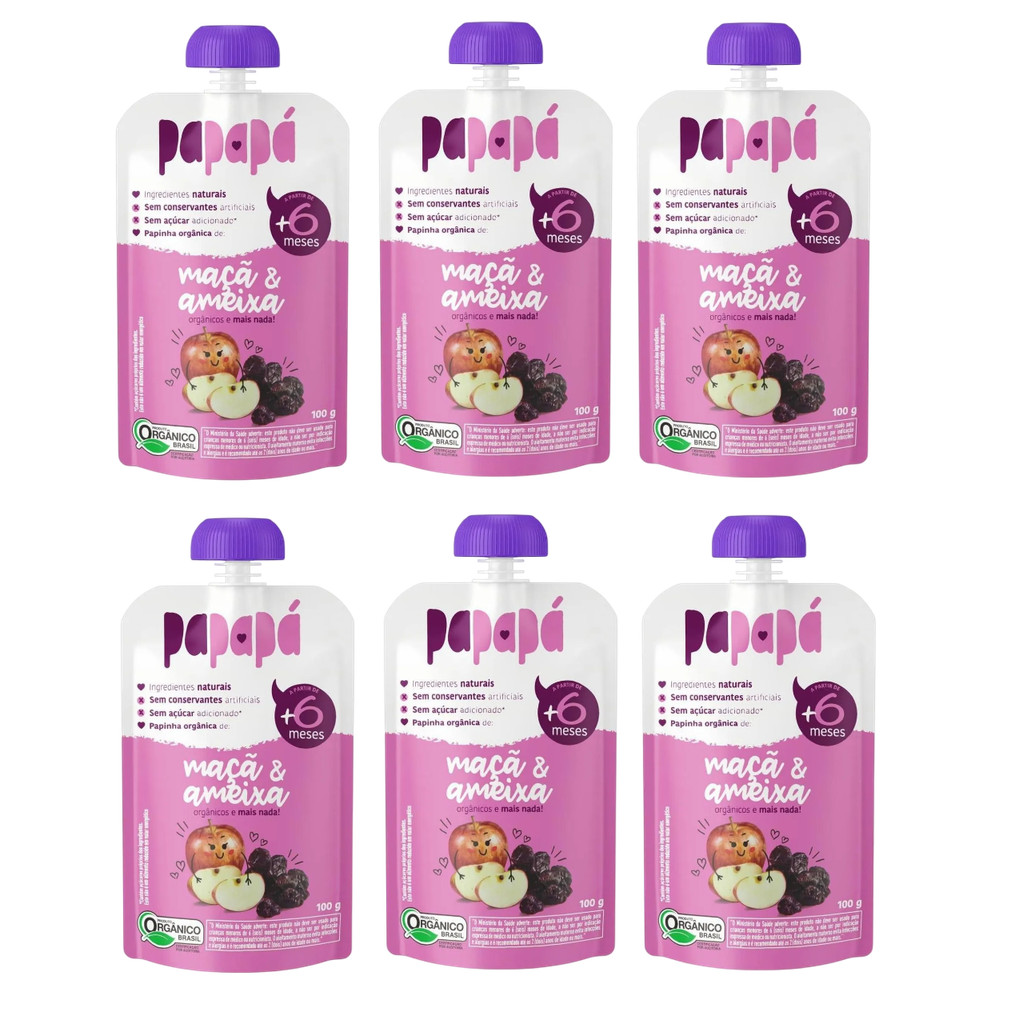 Kit 6x Papinha Orgânica Natural Maçã E Ameixa Papapá 100g