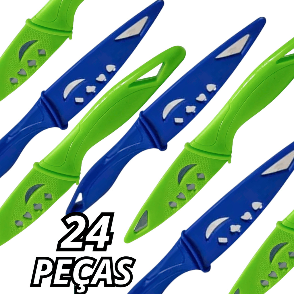 Combo 24 Faca de Cozinha Coloridas Para Cortar Descascar Frutas Legumes Aço Inox Com Capa Protetora