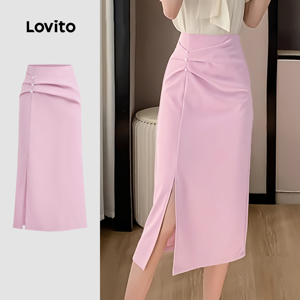 Lovito Saia Elegante Com Botões Na Coxa E Divisão Lisa Para Mulheres L132ED408 - Women Clothes