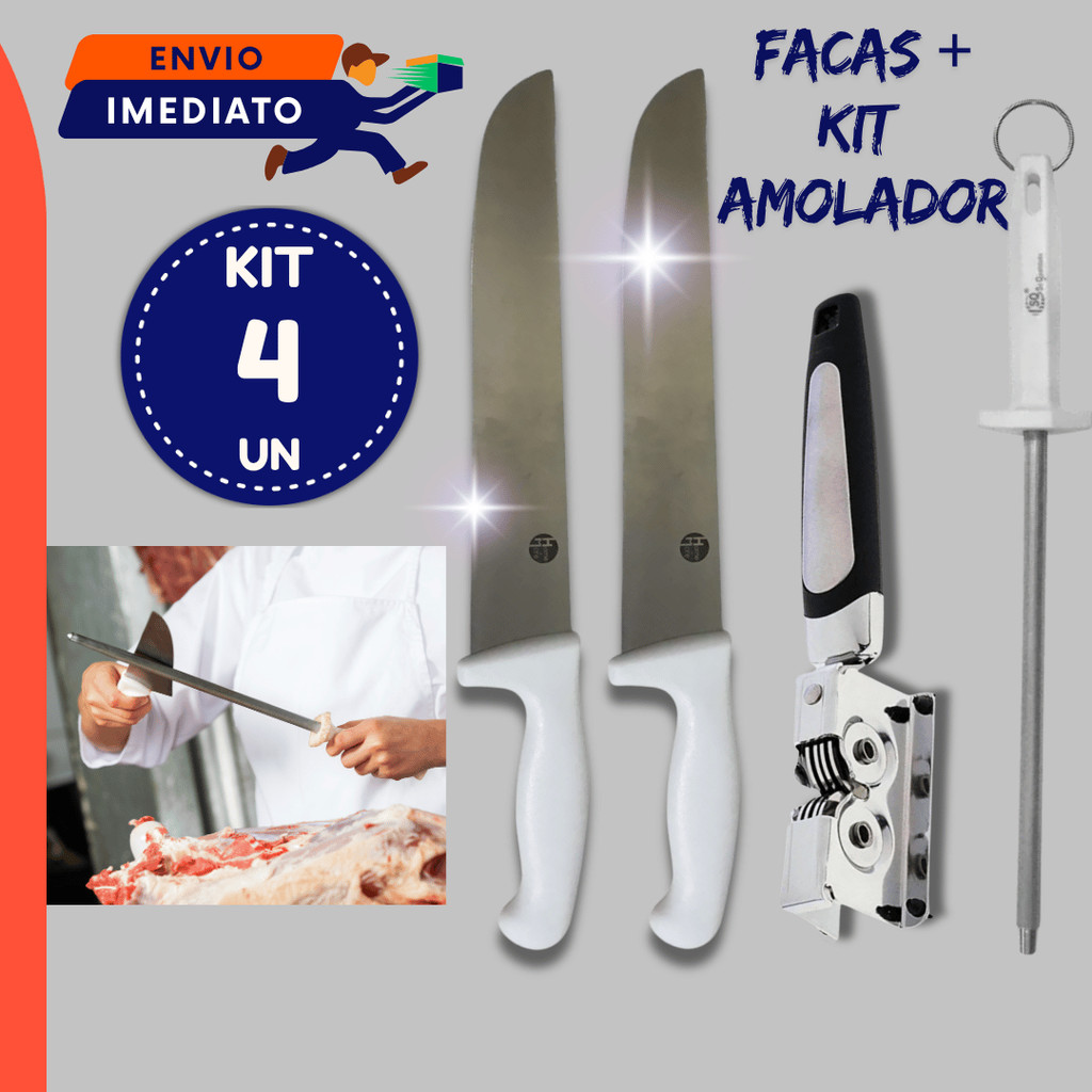 Faca Top Chef Inox Profissional + Afiador + Chaira Para Carnes 2 3 4 Unidades 