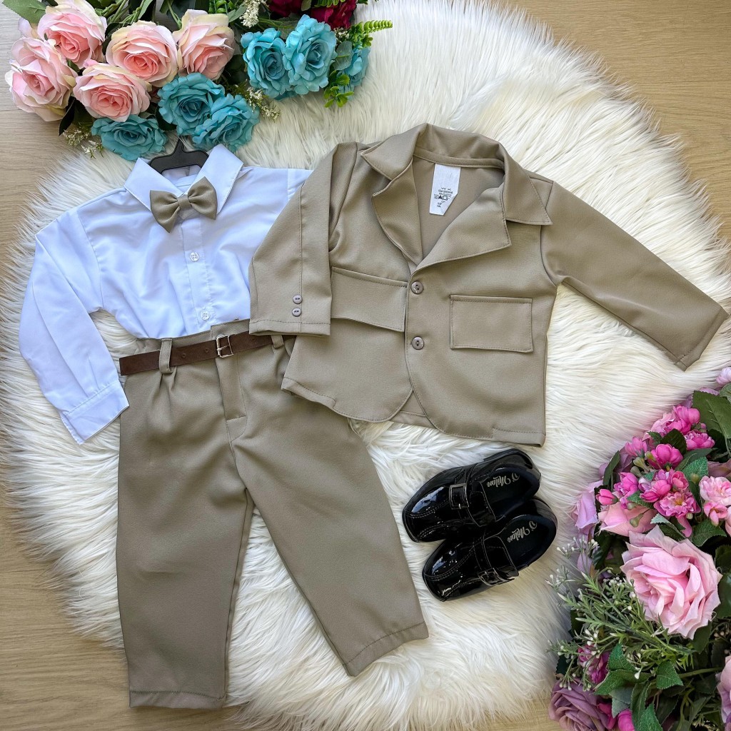 Conjunto Social Bege Infantil Terno Completo Para Menino Miss Cherry Casamentos Festas e Formaturas