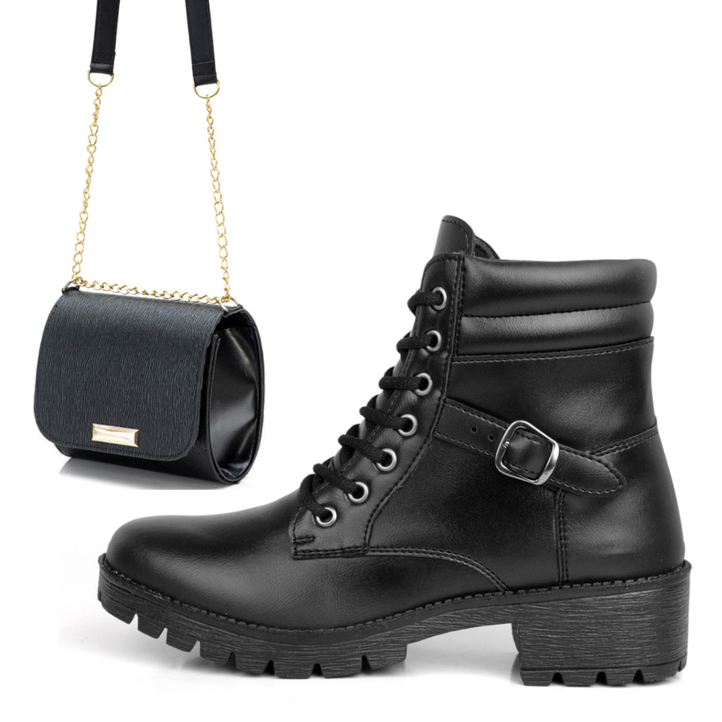 Kit Coturno Feminino Cano Curto com Fivela + Bolsa com Corrente em Oferta na Shopee