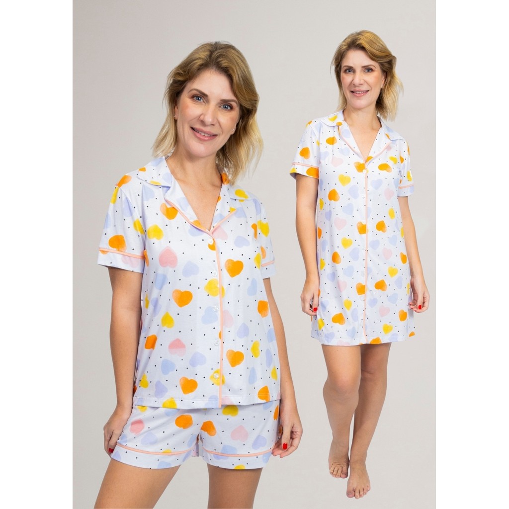KIT 1 Pijama Americano Curto + 1 Camisola Americana Manga Curta Algodão - Corações Coloridos