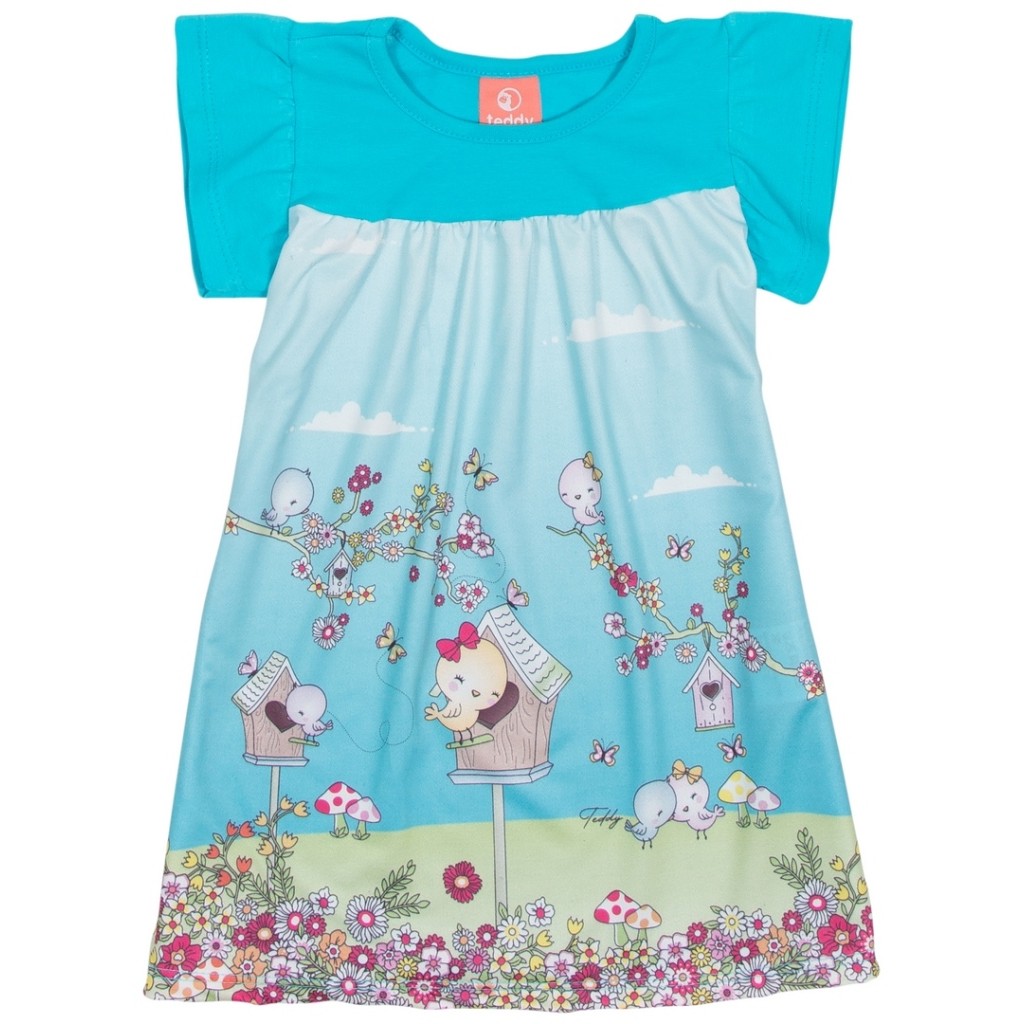 Vestido manga curta infantil azul turquesa estampado flores