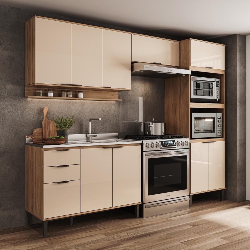Armário de Cozinha Completa c Balcão Miami Box Carraro Off White c Freijó em Oferta na Shopee