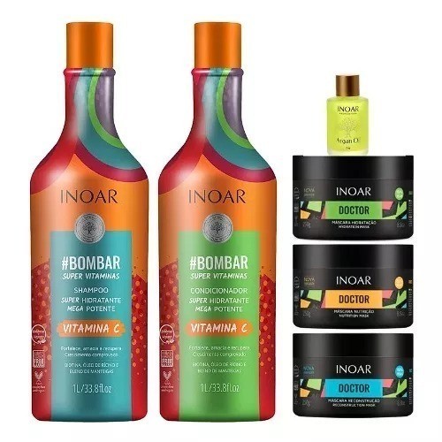 Kit Bombar Shampoo e Condicionador 1 Litro + Kit Doctor + Óleo de Argan 7ml Inoar