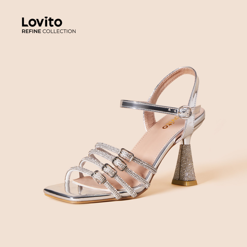 (Lovito Refine) Elegante simples strass fivela temperamento prata cabeça quadrada salto agulha para mulher LFAR10404 - Women Shoes