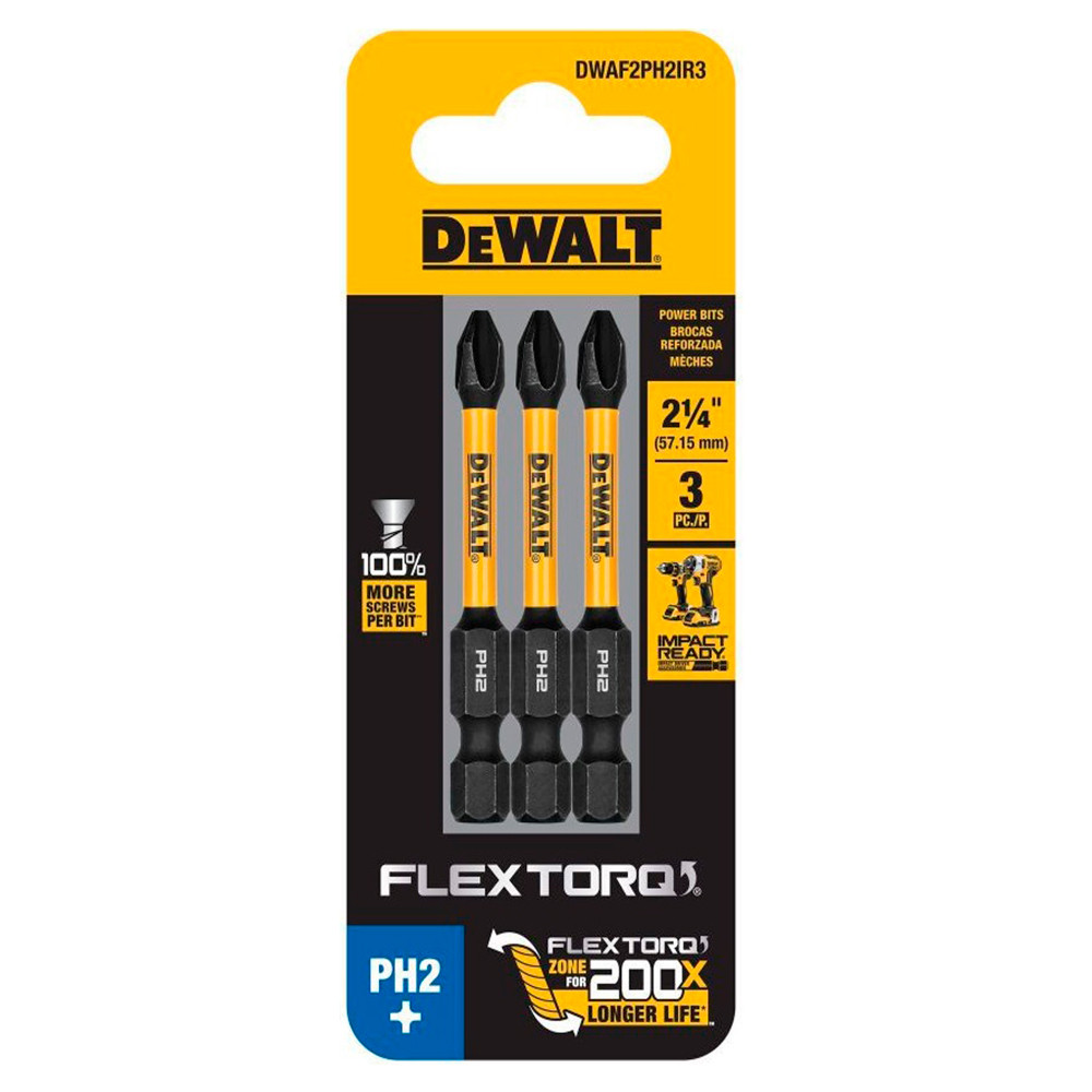 Kit com 3 Bits Phillips de Impacto PH2 x 50mm Flextorq DeWalt DWAF2PH2IR3