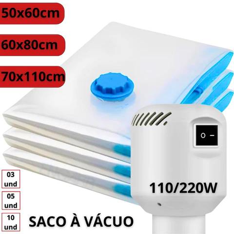 Kit 3/5/10 Saco a Vácuo + Bomba Elétrica 110v e 220v Guarda Roupas Organização