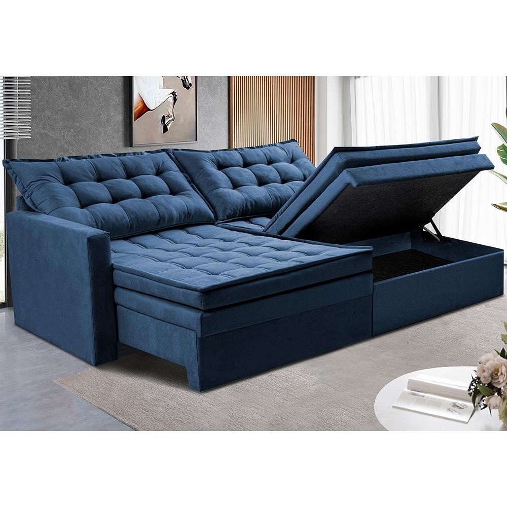 Sofá Sem Caixa Retrátil Baú 2,00m Cama inBox Secret Suede Velusoft Azul - Home & Living