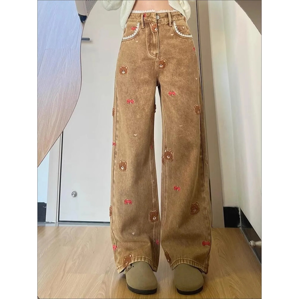 Mulheres Rendas Urso Bordado Denim Calças Cintura Alta Longo Solto Retas