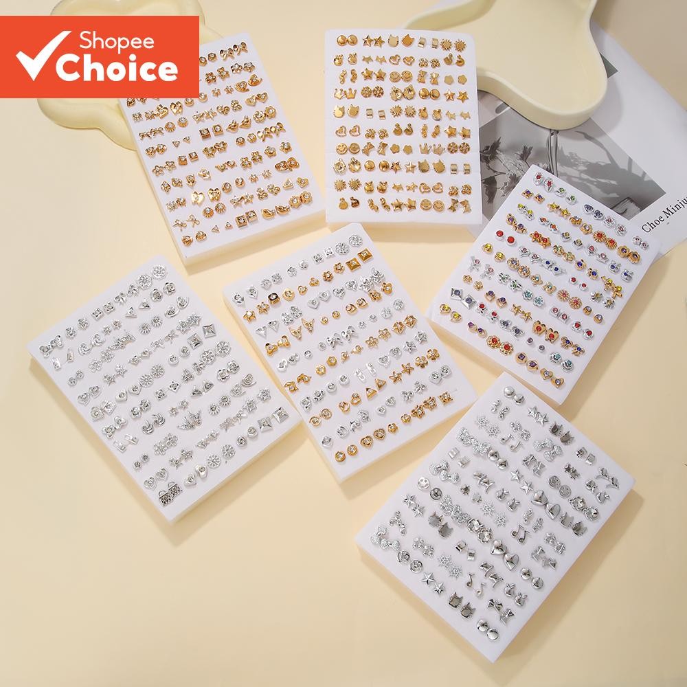 Conjunto De Brincos Geométricos De 50 Peças (Combinação Aleatória) Joias De Diamante De Plástico Minimalista Coreano Par