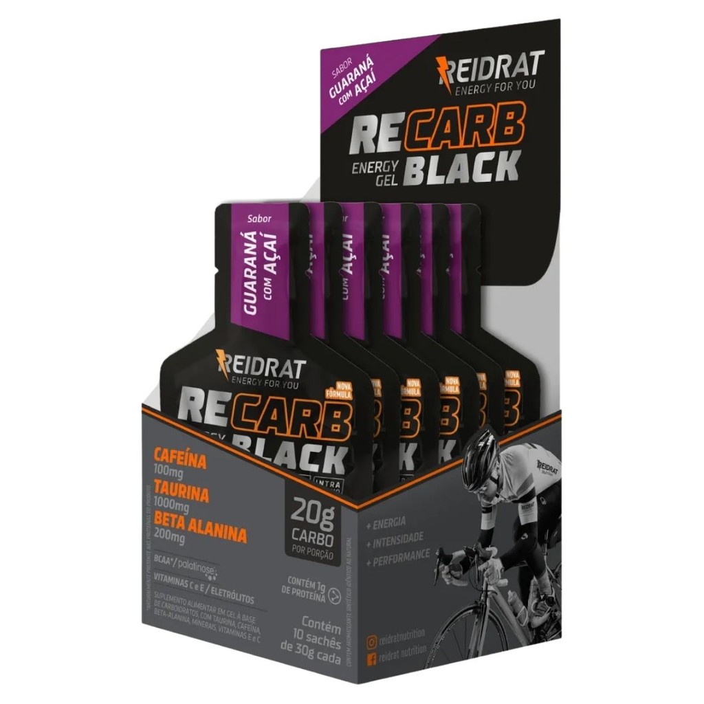 Recarb Energy Gel Black Caixa Com 10 Unidades De 30g Reidrat Nutrition Guaraná Com Açai