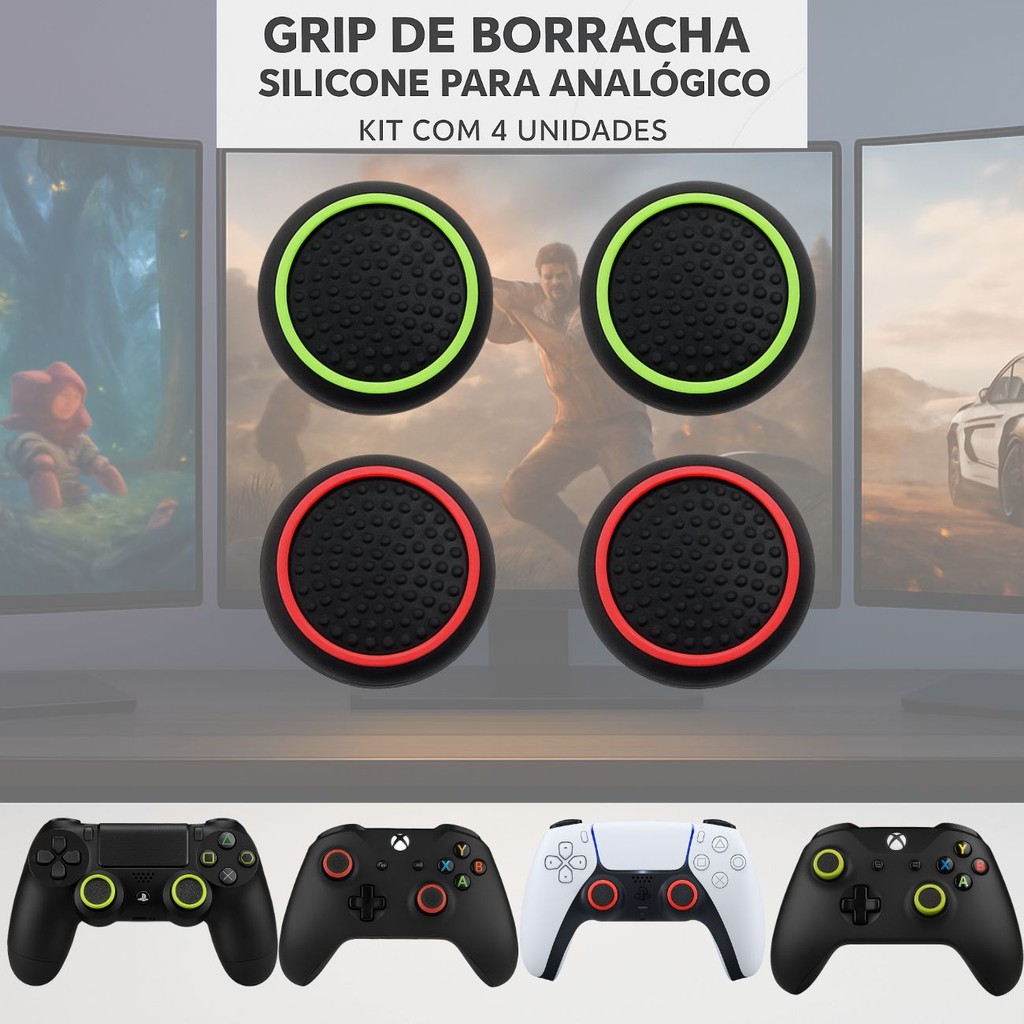 Grip  Borracha Silicone 4 Unidades Analógico Xbox One Series S X 360 Ps3 Ps4 Ps5 Borachinha Verde e Vermelho
