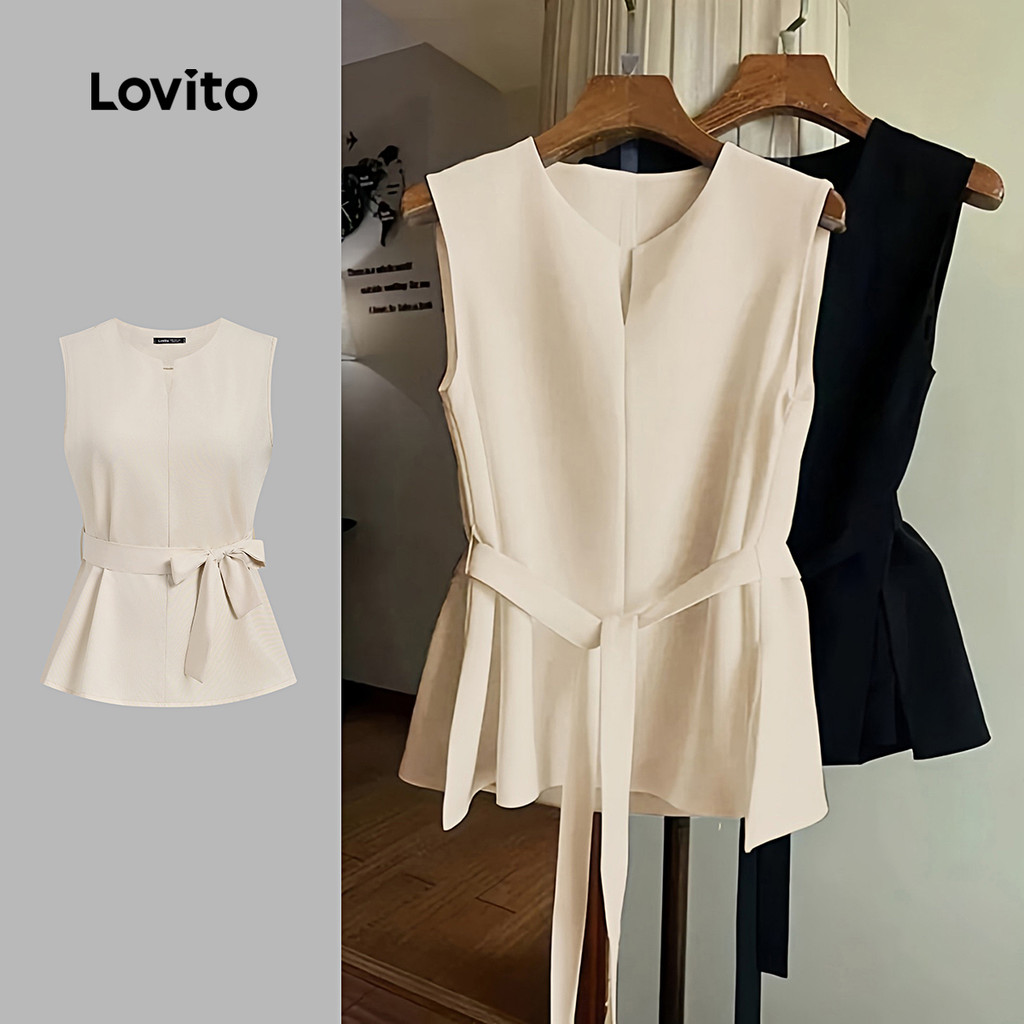 Lovito Blusa Elegante Lisa Com Cinto Recortado Simples Primavera/Verão Damasco Para Mulheres L134ED231 - Women Clothes