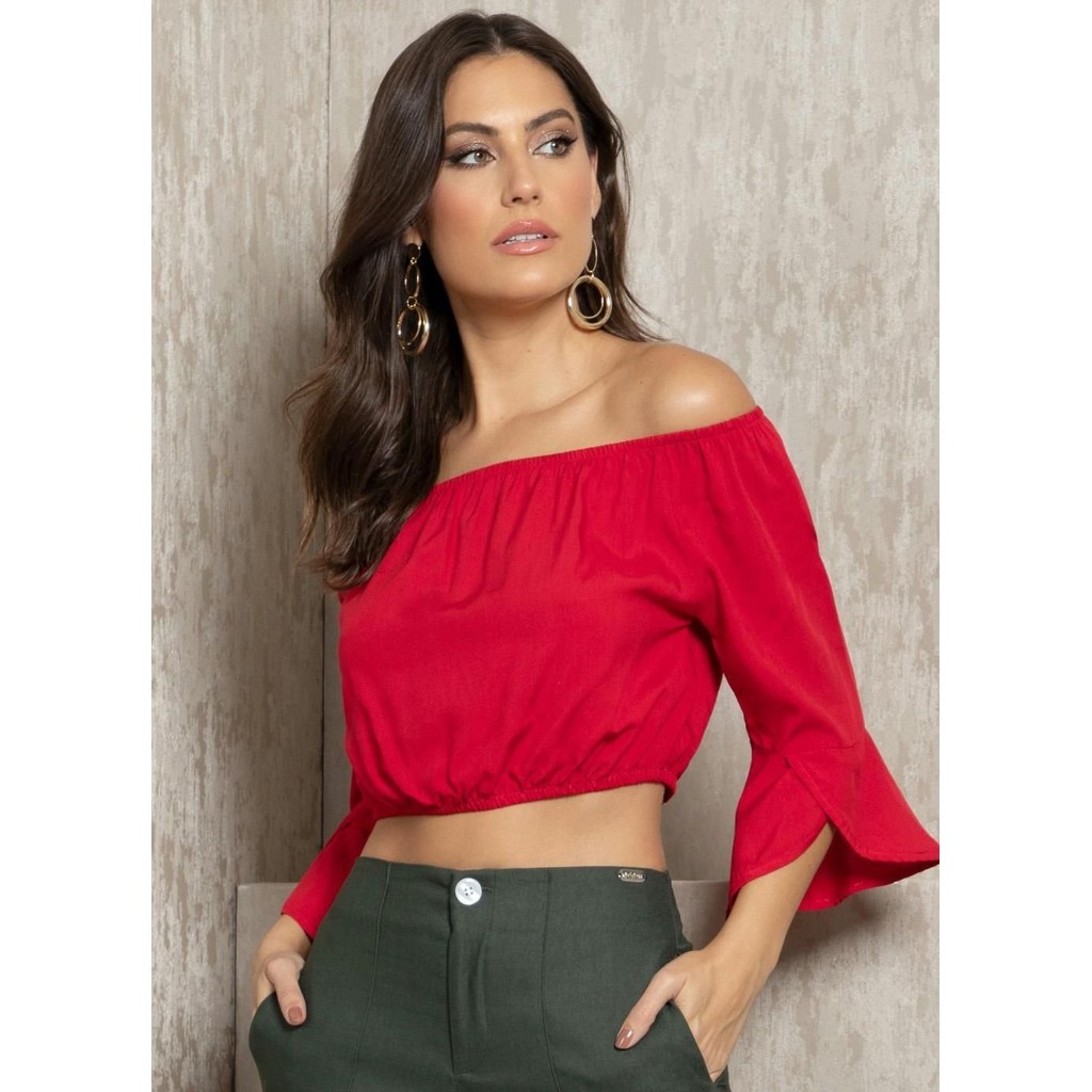 Blusa Ombro a Ombro Vermelha - Mangas 3/4 Bufantes e Elástico | Quintess
