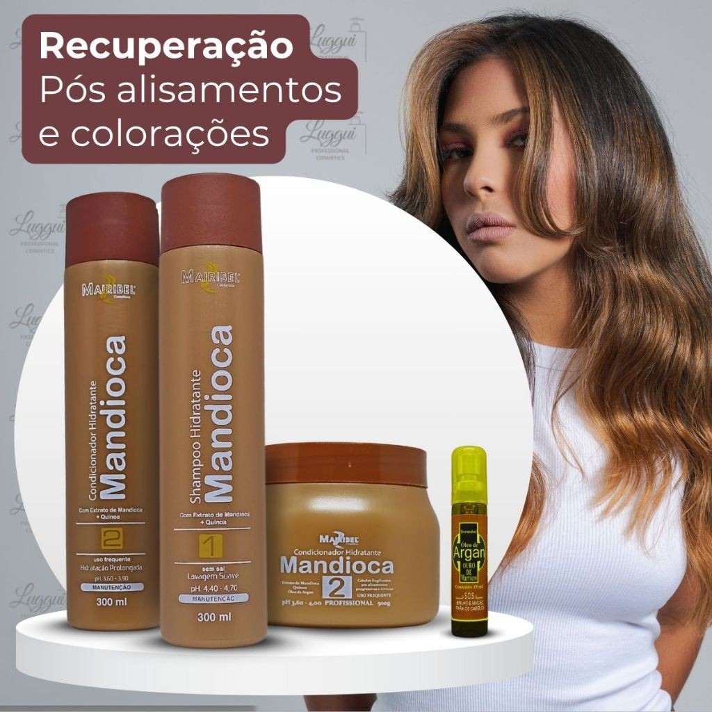Kit Mandioca Hidratação e Recuperação Mairibel Shampoo, Cond, Máscara + 1 Óleo Finalizador Argan
