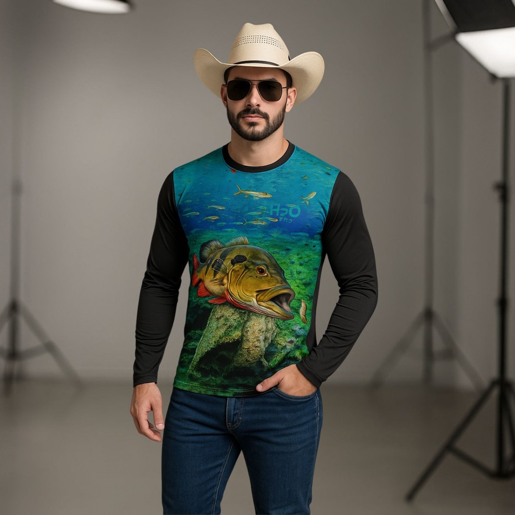 Camiseta UV Proteção Solar Peixe Tucunaré Pescaria | Masculina Feminina Manga Longa Pesca Esportiva