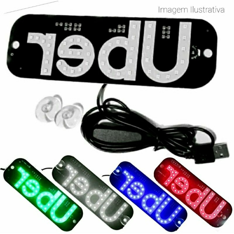 Letreiro Luminoso LED para Carro Placa U-ber Painel com USB Botão Liga Desliga Parabrisa
