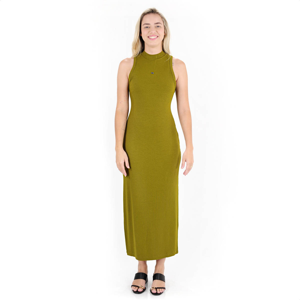 Detalhes do Vestido Colcci Midi Canelado Logo CC S/ Manga Verde Musgo - Feminino