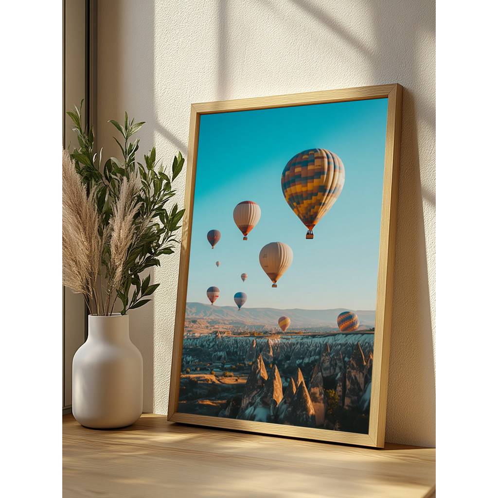 Quadro Decorativo Balões na Capadócia Paisagem Aérea Azul e Montanhas para Ambientes com Moldura