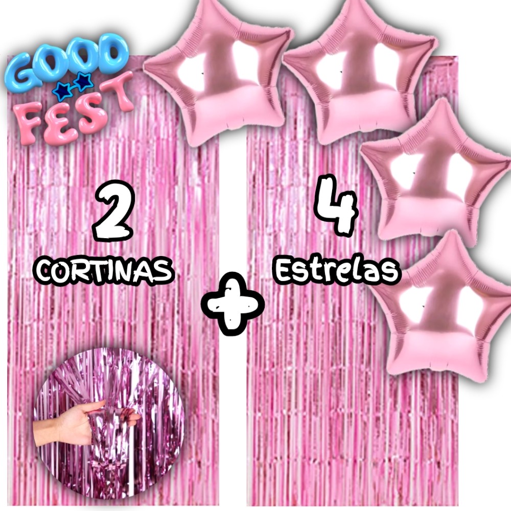 Kit 2 Cortinas Metalizada + 4 Balões Estrelas,11Cores Kit Decoração, Festa, Comemoração, Adereços, Surpresas, Eventos em Oferta na Shopee