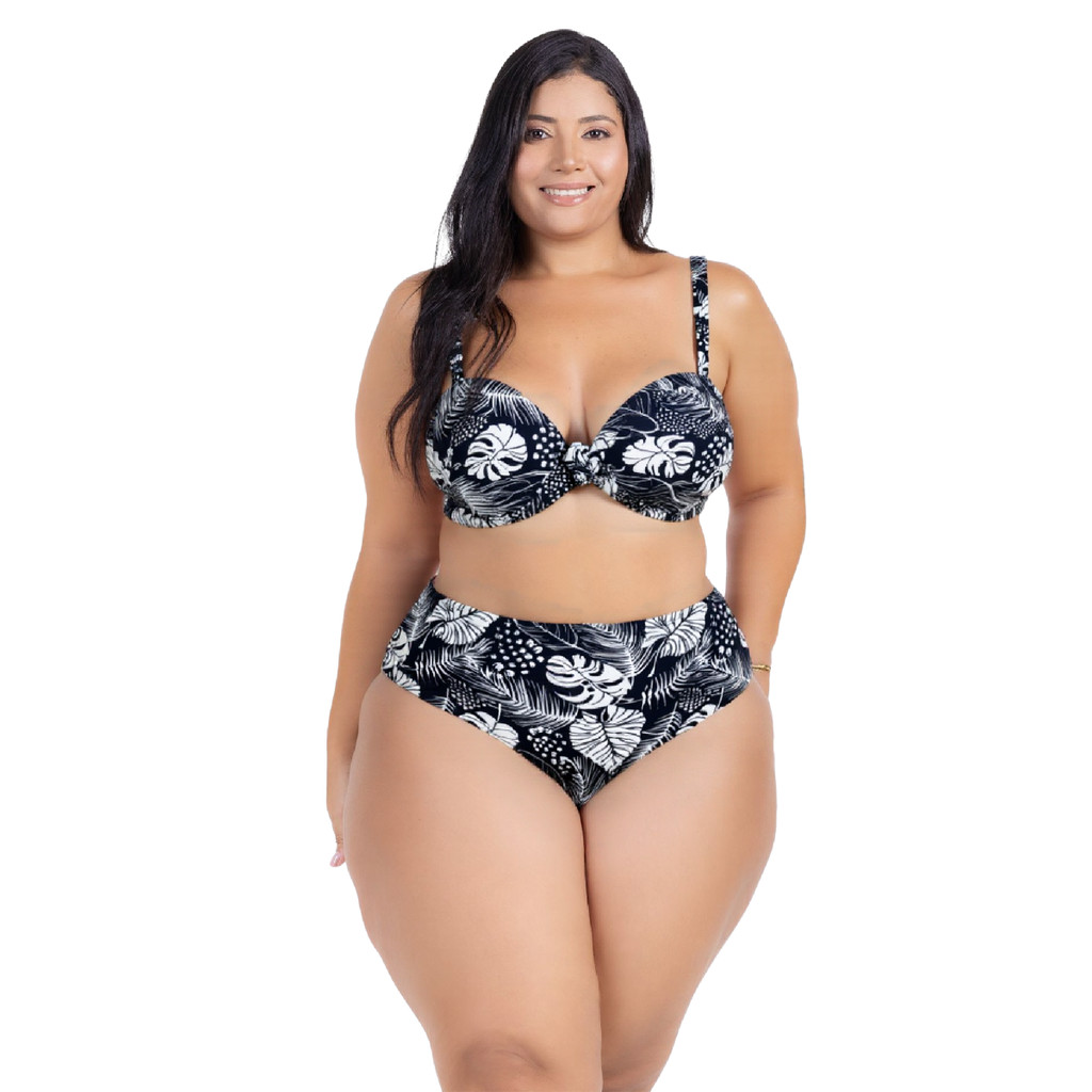 Biquini Estampado Plus Size Feminino Com Saia Calcinha Chapa Barriga Cós Alto