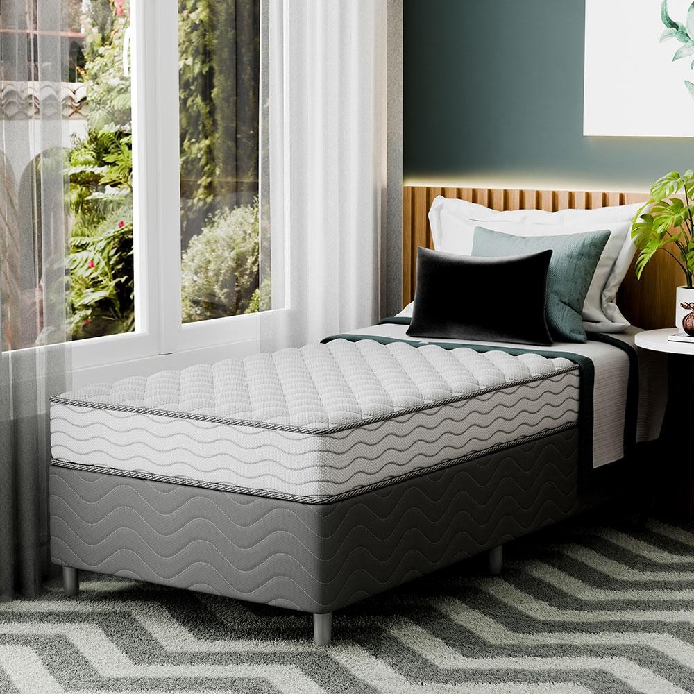 Cama Box com Colchão Solteirão Howie Espuma D45 (17x96x203) Branco e Cinza - Home & Living