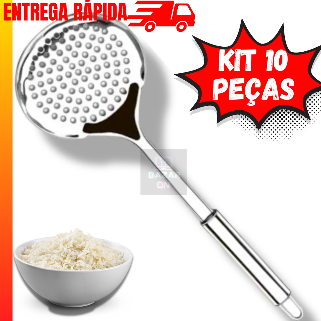 Kit 10 Escumadeira de Arroz em Aço Inox Para Fritura 32cm Cabo Ergométrico Utensílios de Cozinha