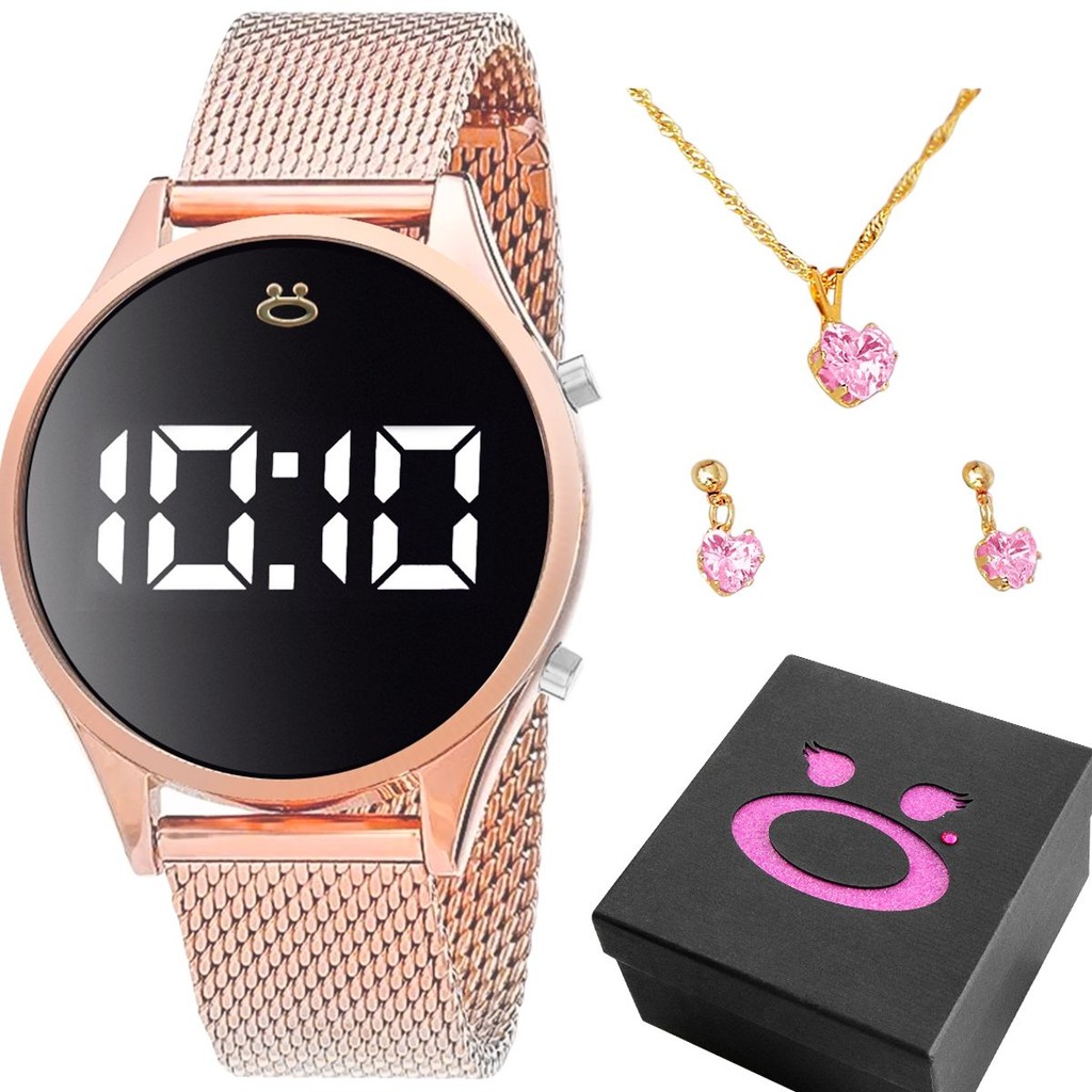 Relógio Feminino Digital Led Banhado + Colar Strass + Brinco Strass Caixa Presente Qualidade Premium