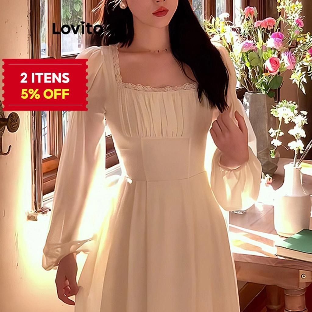 (Trendy) Lovito Vestido Elegante Vestido Transparente De Renda Lisa Para Mulheres LNA29176 (Branco) - Women Clothes