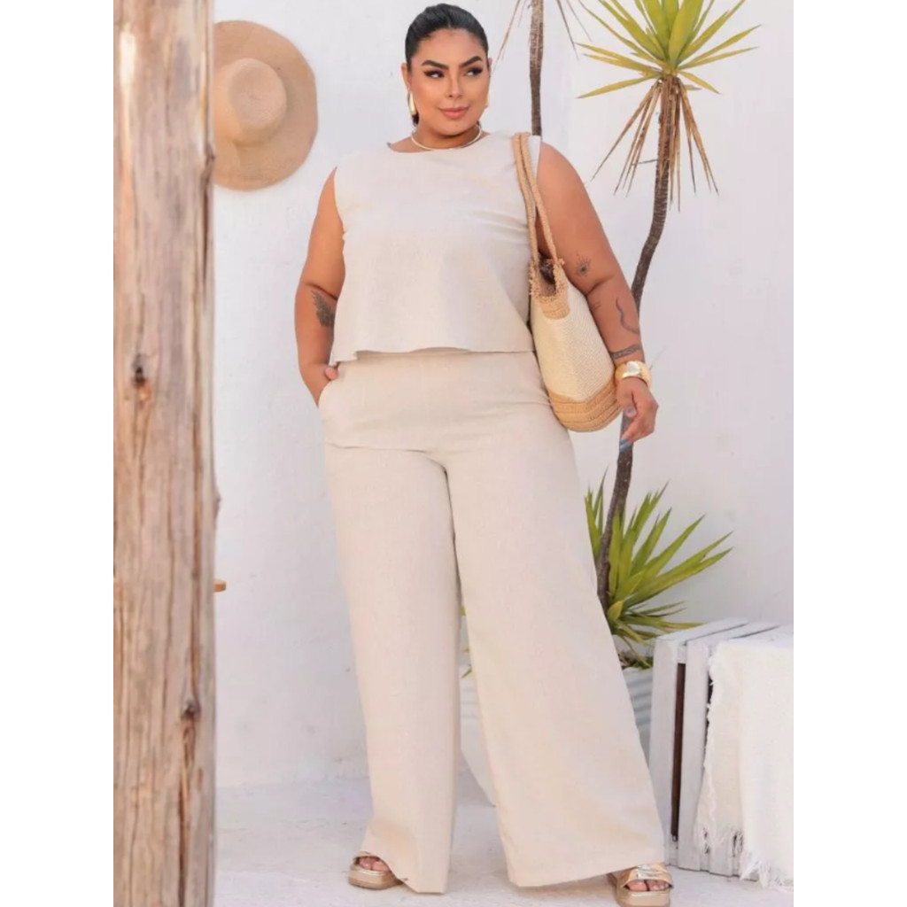Conjunto Feminino Alfaiataria  Slim e Plus Size Social Calça Pantalona e Blusa Elegante Confortável Roupa plus size moda