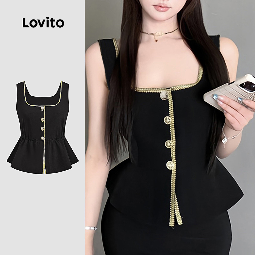 Lovito Regata Casual Lisa Com Botão De Ligação Frontal E Glitter Para Mulheres L132ED029