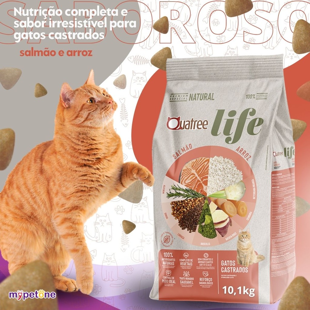 Ração Quatree Life Gatos Castrados Salmão e Arroz - 10,1Kg